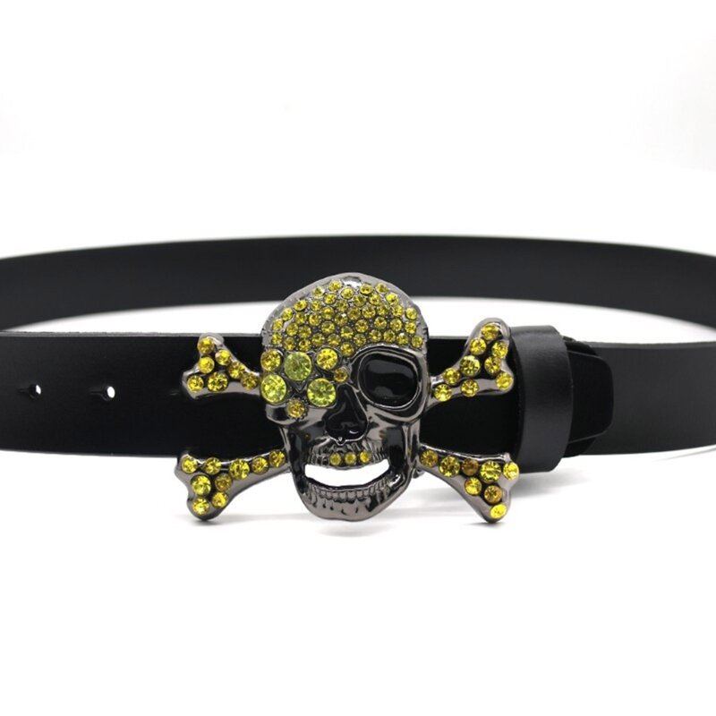 Rock Style Skull Head Buckle Belt for Dress Waist Belt Shinning Rhinestone Buckle Wide Waist Belt Ladies Coat Decors