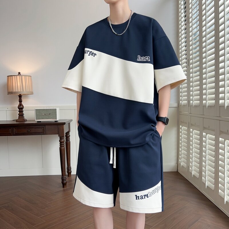 Conjunto de t-shirt e calções de manga curta masculino, fato de treino retalho streetwear Y2K, marca Sportswear, verão, conjuntos de 2 peças, 2024