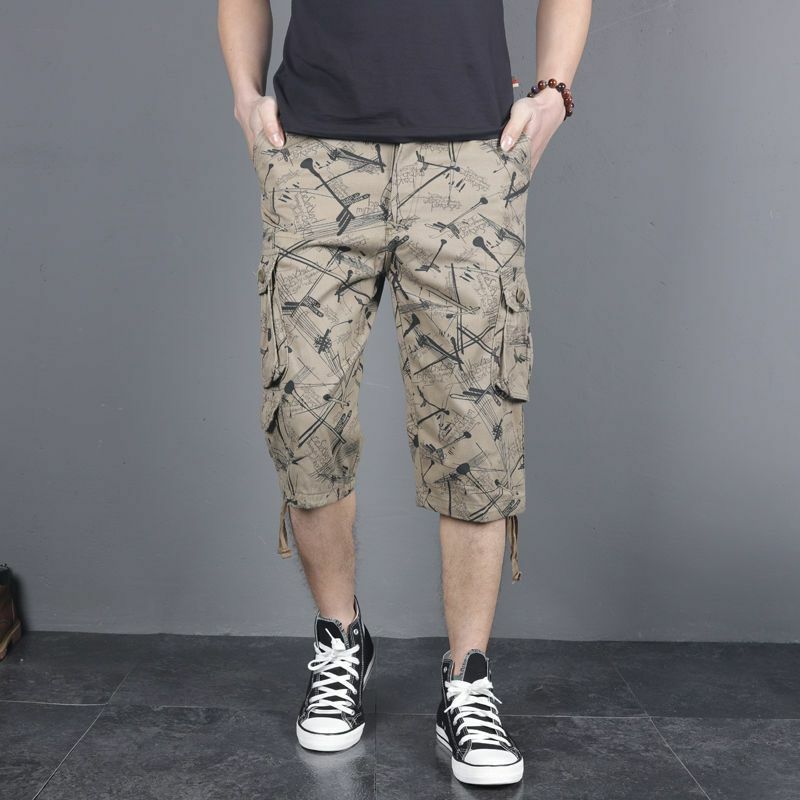 2024 Men's Clothing New Summer Printed Pockets Button Spliced Fashion Loose Wear Resistant Pure Cotton Camouflage Capri Pants