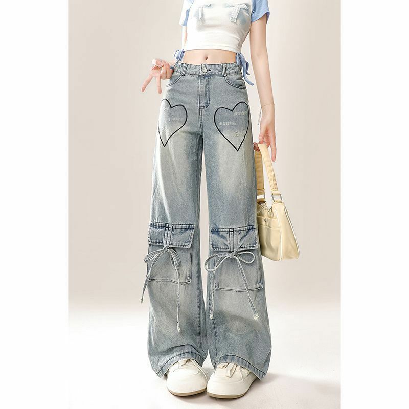 กางเกงยีนส์ขาตรงสไตล์ฮาราจูกุ, กางเกงยีนส์ทรงหลวมขนาดใหญ่เอวสูงแฟชั่นมีกระเป๋าผ้าเดนิมแฟชั่นแบบ2024สีน้ำเงินสำหรับผู้หญิง