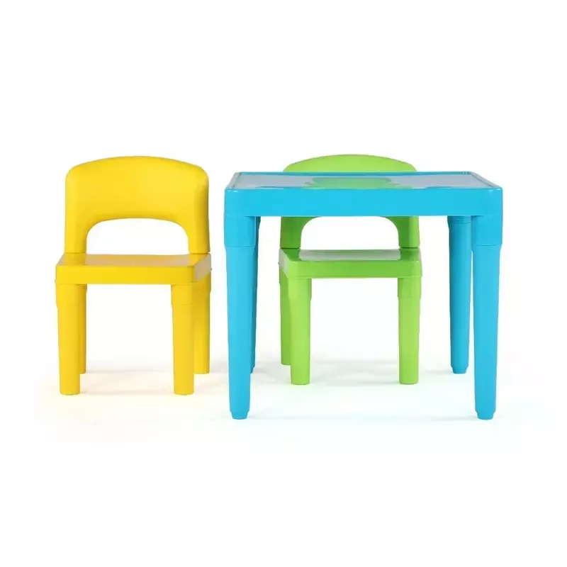 Juego de mesa y 2 sillas de plástico ligero para niños, cuadrado, verde y amarillo