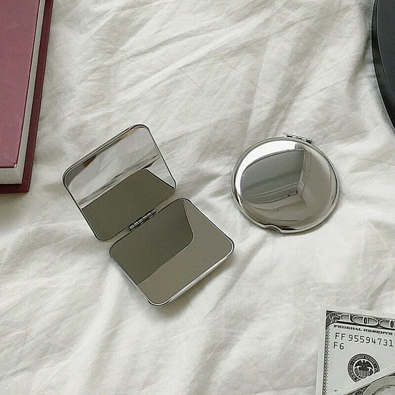 1pcs Women'S Stainless Steel Makeup Mirror Portable Foldable Small Decorative Mirror Flip Cover Student HD Cosmetic Mirror