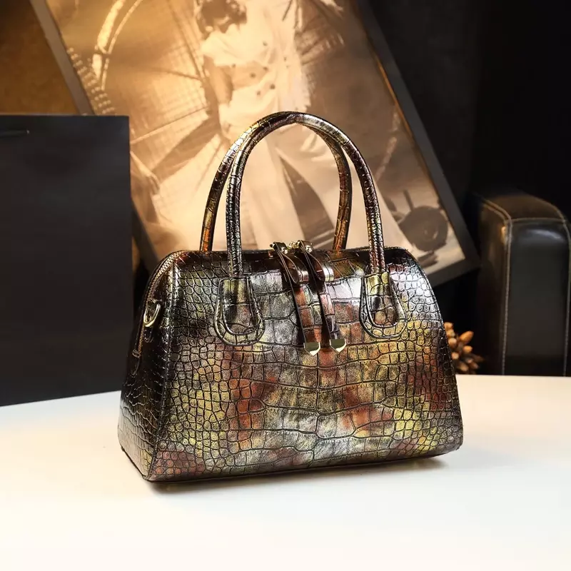 2024 New Boston Bag Real Genuine Leather Women Handbags Luxury Crocodile Pattern Large Capacity Shoulder Messenger Bag