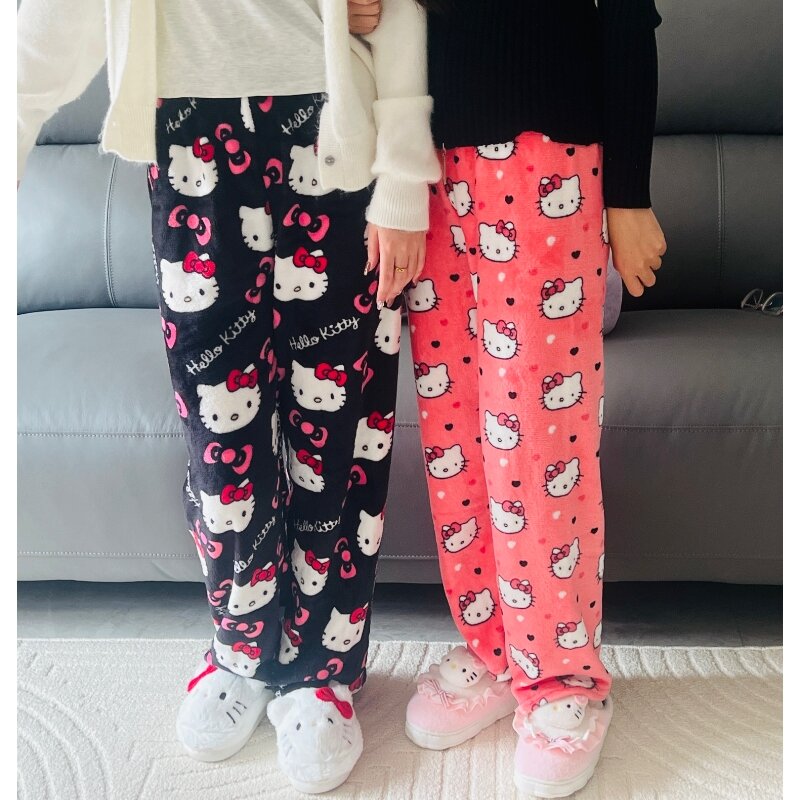Sanrio-pantalones de pijama de Hello Kitty para mujer, ropa de franela de Anime, de lana cálida, informal, de dibujos animados, color blanco y negro, para el hogar, otoño