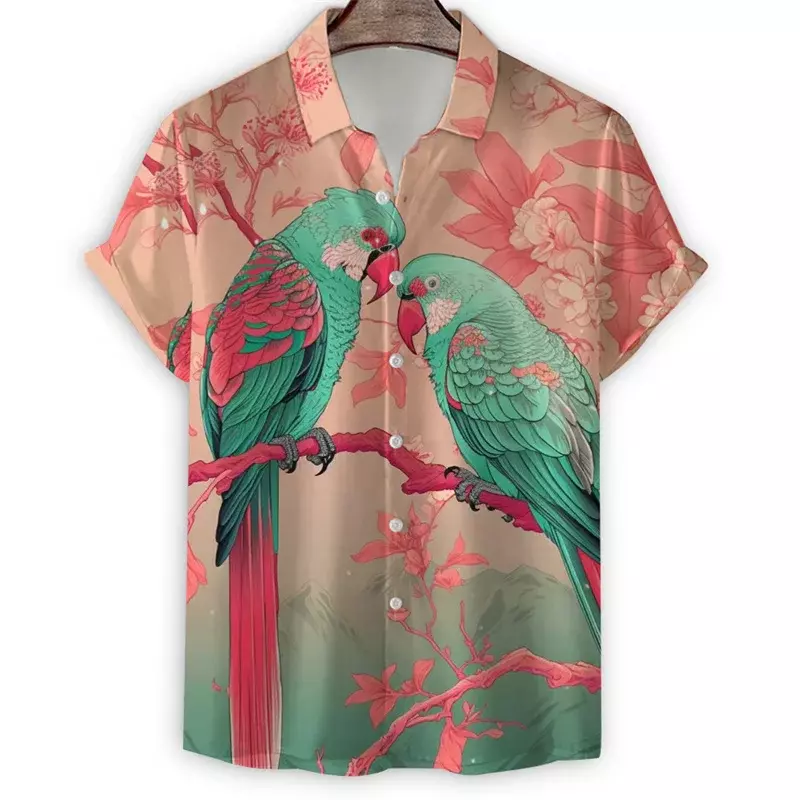 Camisa con estampado 3d de pájaros y loros para hombre, camisa hawaiana de manga corta, con botones y solapa, de verano