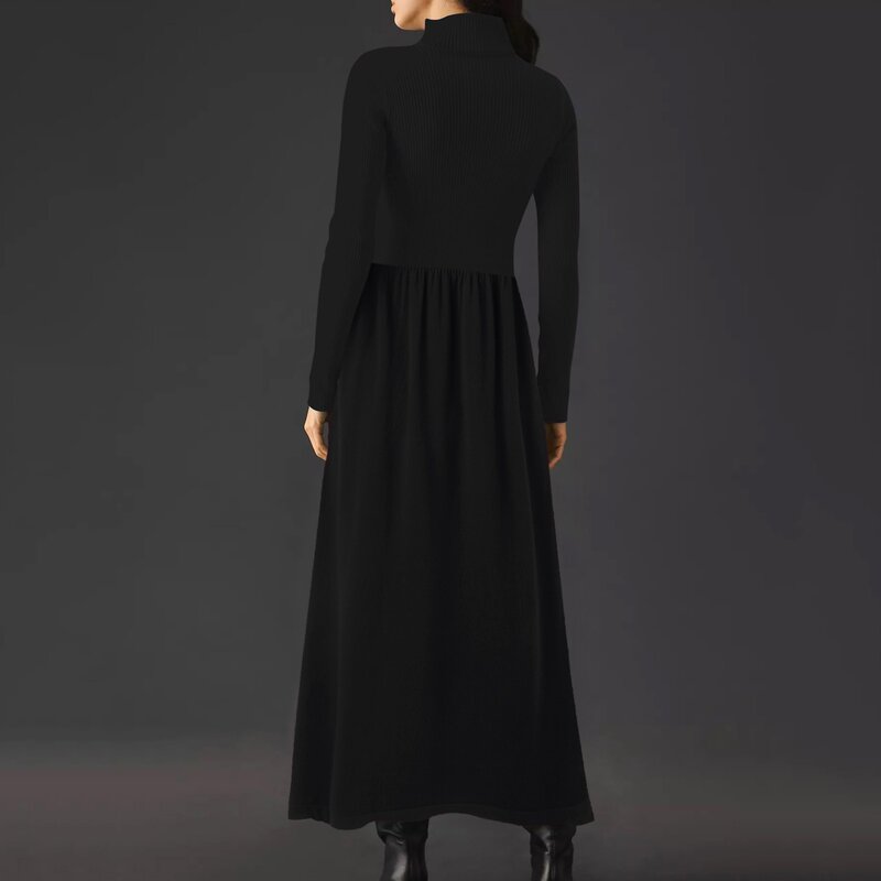 Vestido de suéter preto A-Line feminino, vestidos monocromáticos, elegante, vintage, moda de clube, inverno, 2022