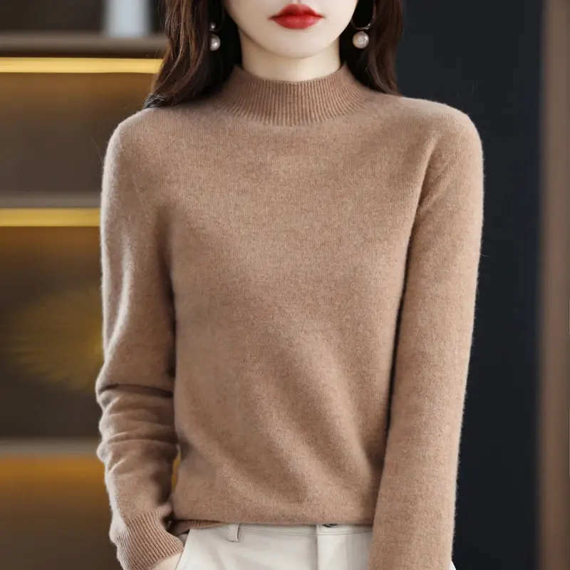 Suéter de caxemira meia gola alta feminino, pulôver selvagem, cor pura, moda casual, tops de manga longa 100% lã, outono, inverno, novo