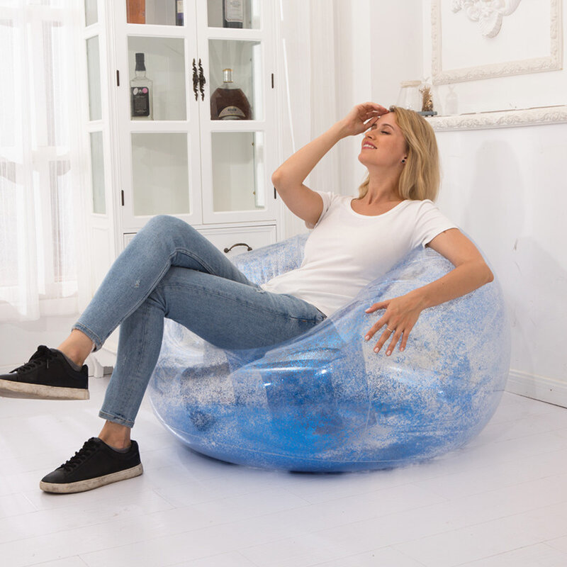 Kursi Berbaring Kasur Apung Tiup Aksesori Kolam Pantai Sofa Kreatif Glitter PVC Biru Kursi Malas Tunggal Luar Ruangan Portabel