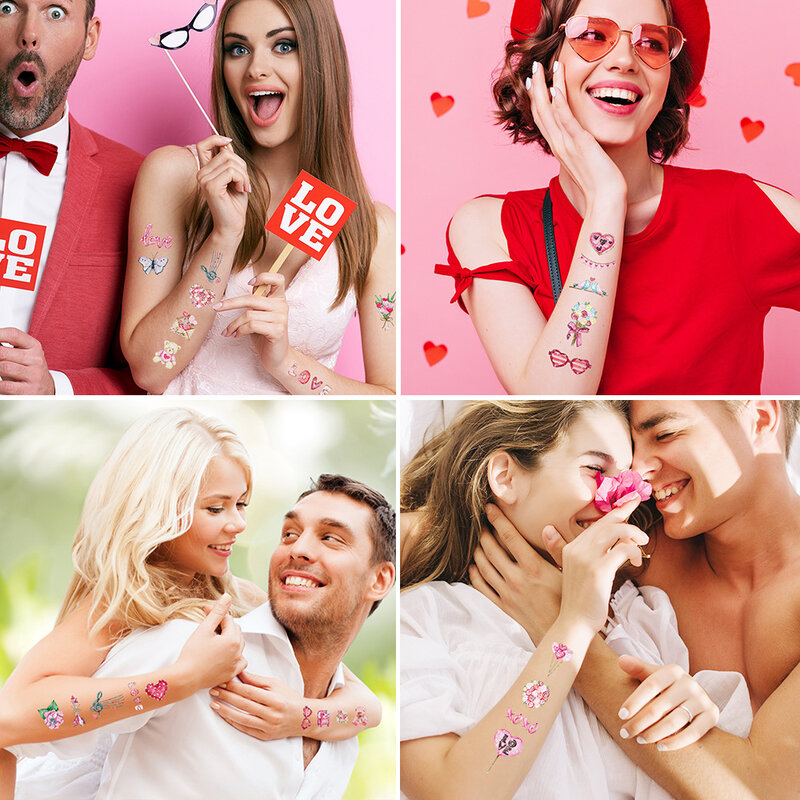 10 Pak Stiker Tato Palsu Hari Valentine Lengan Tato Sementara DIY Koleksi Kartun Seni Tubuh Bunga Mawar Cinta Hati Merah