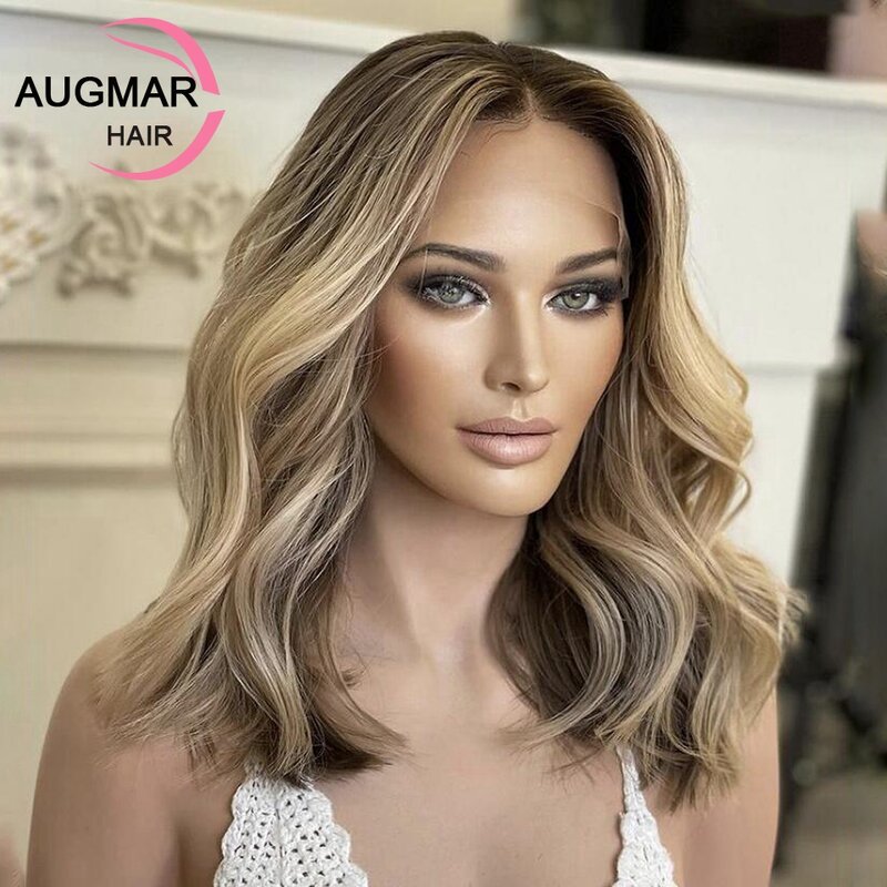 Ash Blonde Silk Top Lace Front Wig Human Hair Ombre Brown Highlight Wig 13x4 Silk Base Short Body Wave Human Hair Wigs For Women