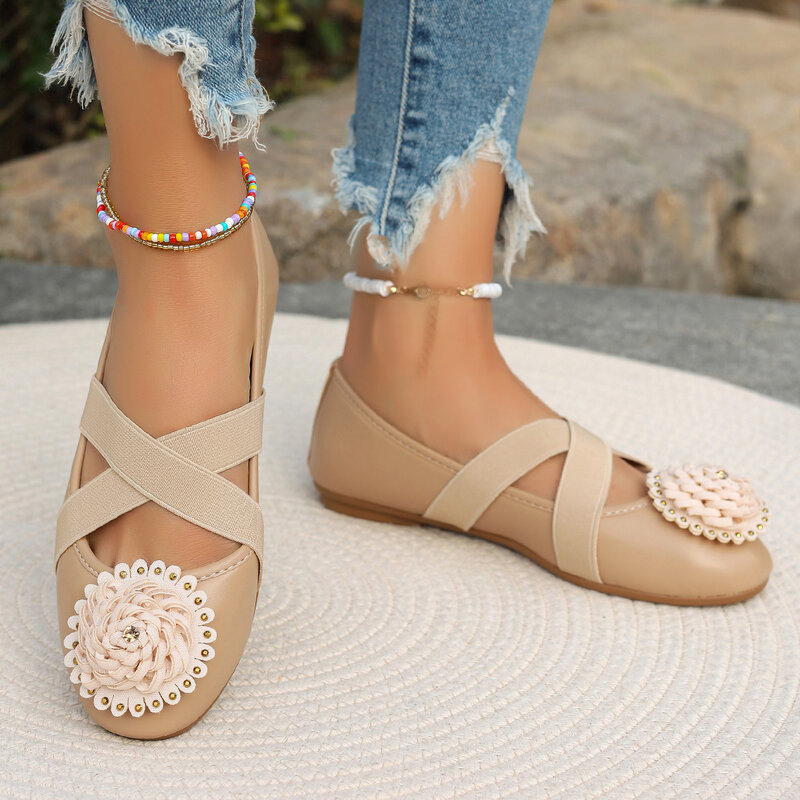 รองเท้าไม่มีส้นสำหรับผู้หญิงพื้นรองเท้านิ่มส้นแบนกันลื่นรองเท้าส้นแบนลายดอกไม้ Comfort น้ำหนักเบาลำลอง