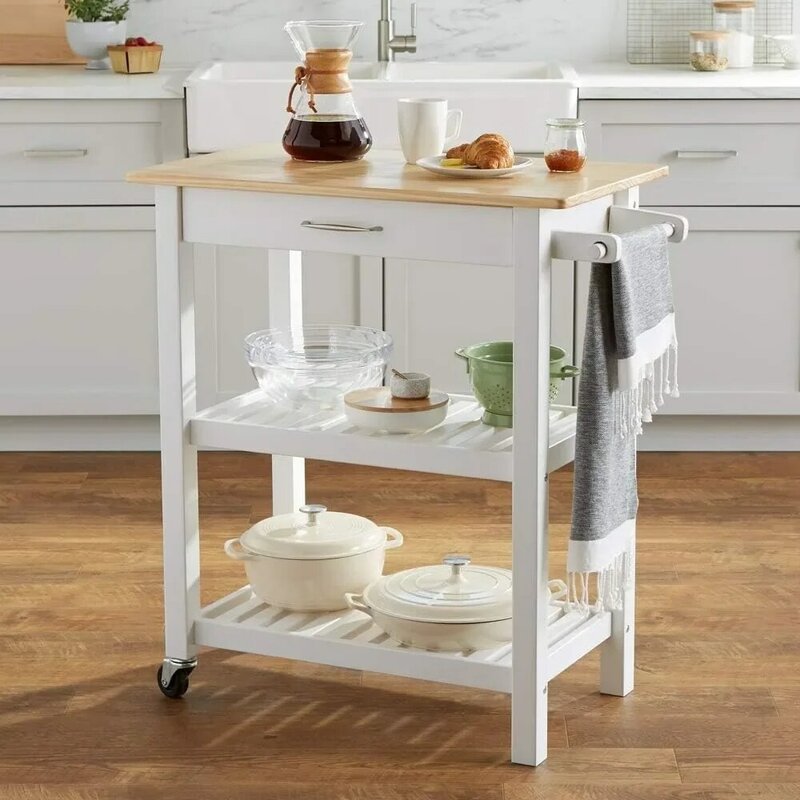 Kitchen island trolley with storage, solid wood top and wheels, 35.4 x 18 x 36.5 inches, natural/white
