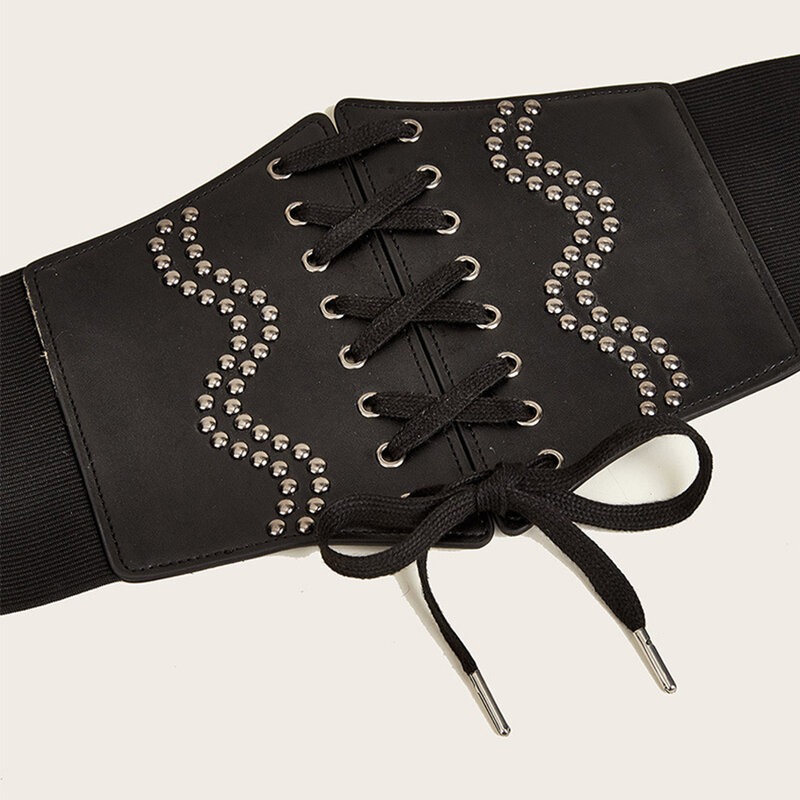 Cinturón de mujer ajustable con tachuelas elásticas, faja ancha negra, disponible en las cuatro estaciones, atado de cuerda, Tik Tak connect