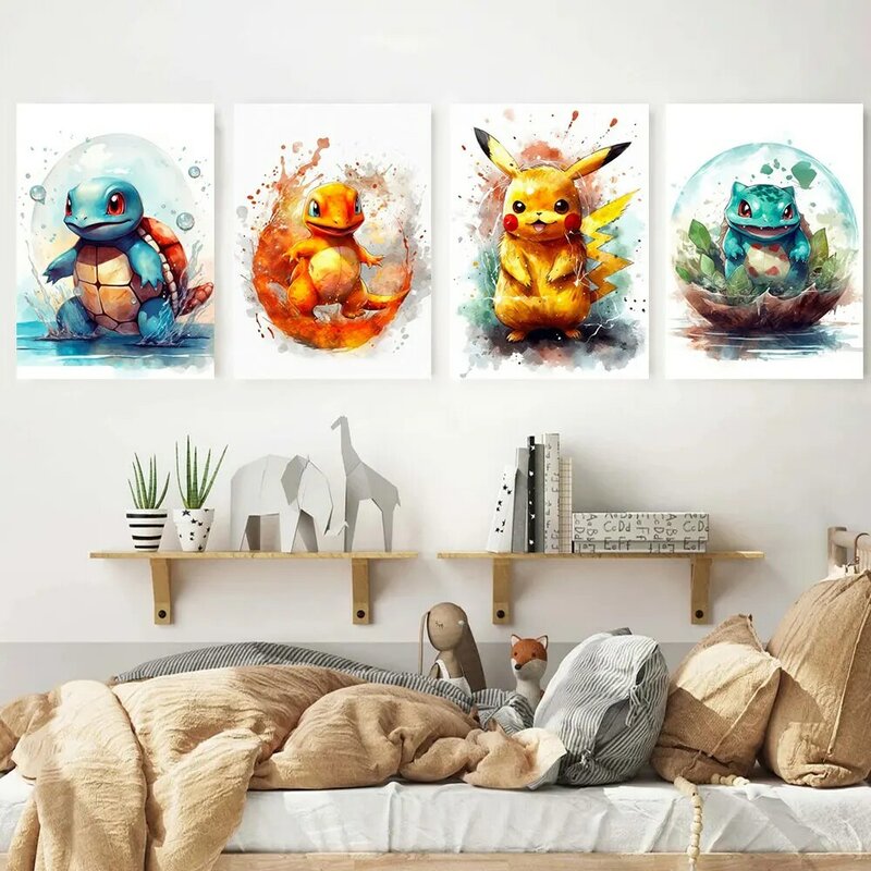 アニメポケモンキャンバス絵画、pikachu、リストル、チャームマンダーポスター、水彩アート、壁、漫画のバブル、壁画、部屋の装飾、ギフト