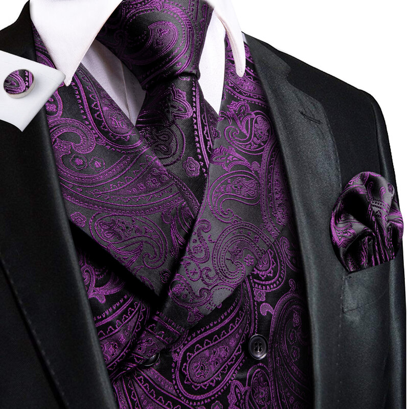 Abotoaduras para homens, colete roxo escuro de alta gravata, colete Paisley Jacquard, gravata de jaqueta, seda elegante, festa de negócios