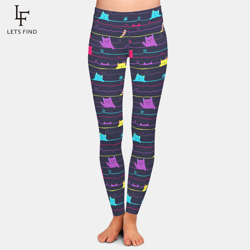 Женские леггинсы для фитнеса LETSFIND, модные разноцветные леггинсы с высокой талией и 3d-рисунком мультяшных кошек