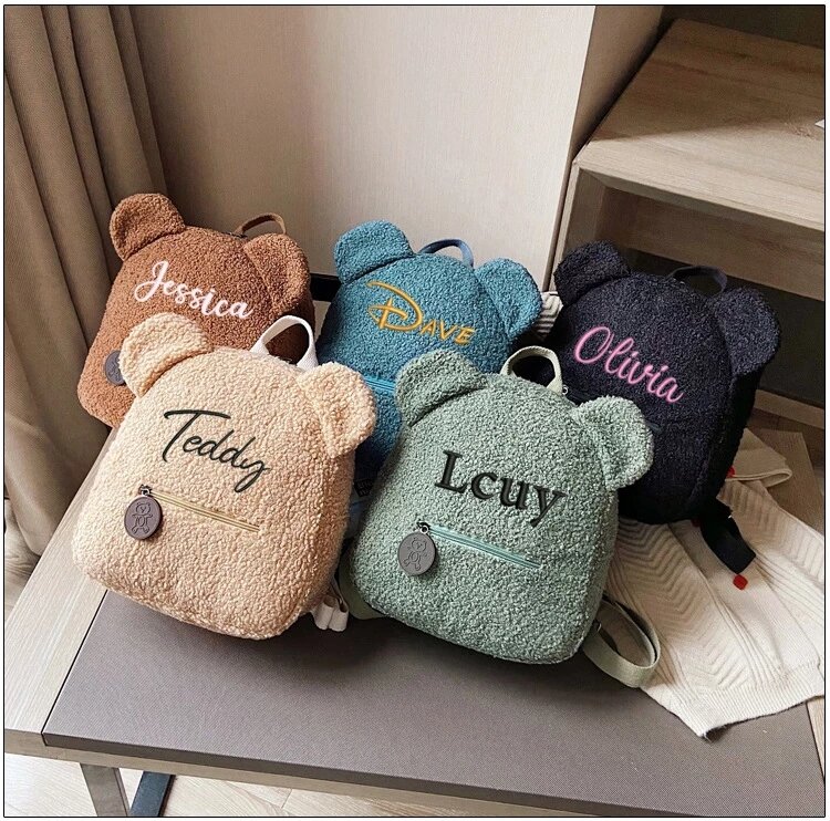 Mochila bordada personalizada para niños pequeños, bolsa preescolar ligera de oso de peluche para niños, mochila con nombre personalizado para niños, niñas y damas
