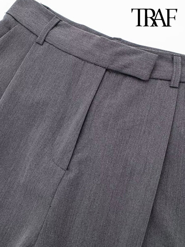 TRAF-Calça de perna larga feminina com bolsos frontais, vintage, cintura alta, mosca com zíper, calça feminina, moda