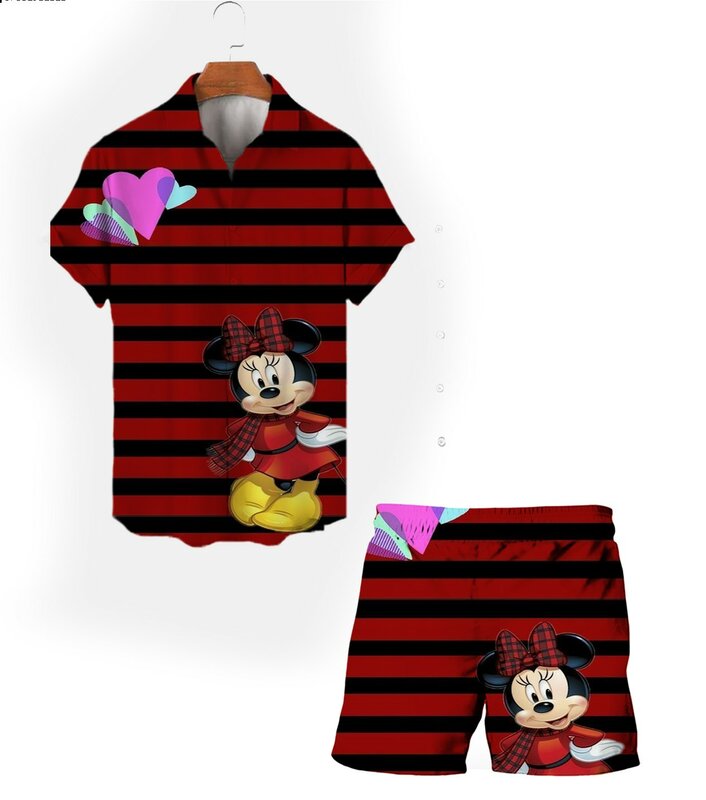 Mickey Minnie masculino terno de praia dos desenhos animados, camisa manga curta lapela, shorts de cordão, moda casual, verão, novo, 2024