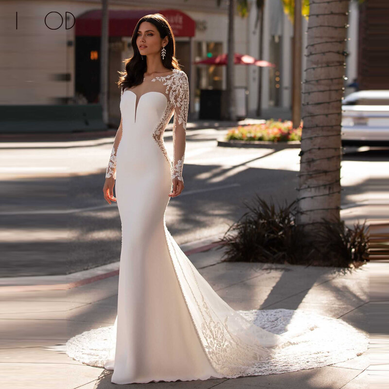 Женское свадебное платье-Русалка I OD, кружевное платье невесты с длинными рукавами и аппликацией, со шлейфом, 2023
