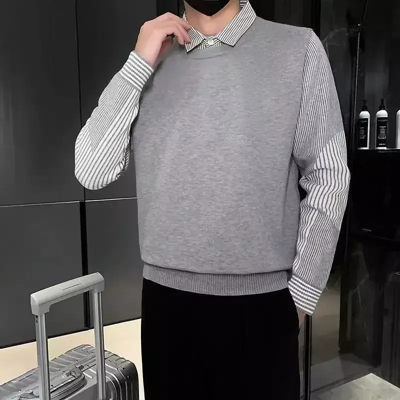 Dwie koszule jesienno-zimowa baza sweter w paski trend męski z długimi rękawami dzianina przystojny swobodny sweter