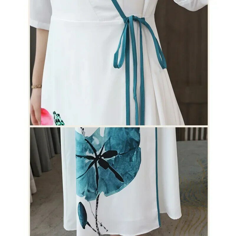 Китайское традиционное Длинное Элегантное приталенное Восточное национальное китайское платье белые платья Hanfu Женские винтажные платья с принтом Харадзюку