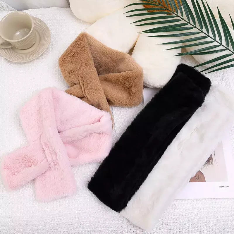 Women Winter Warm Thicken Scarf Solid Color Plush Cross Collar Faux Rabbit Fur Scarf Fashion Elegant Warm Soft Comfortable Scarf