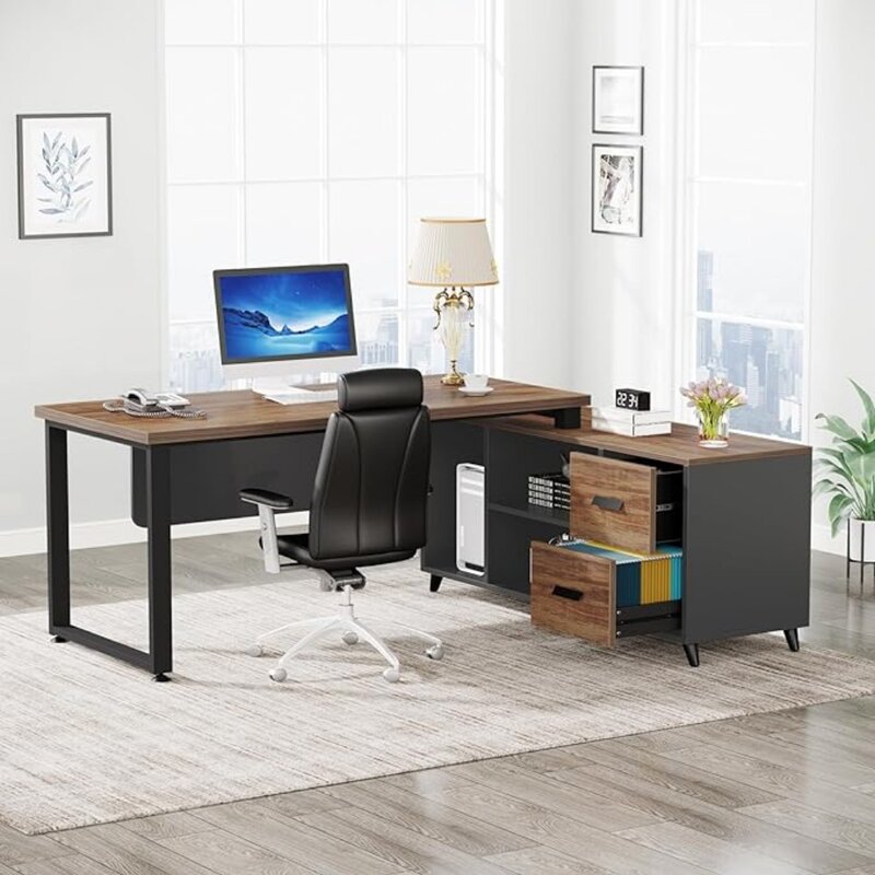 Tribesigns 파일 서랍이 있는 L 자형 책상, 캐비닛 보관 선반이 있는 임원 사무실 책상, 55 인치