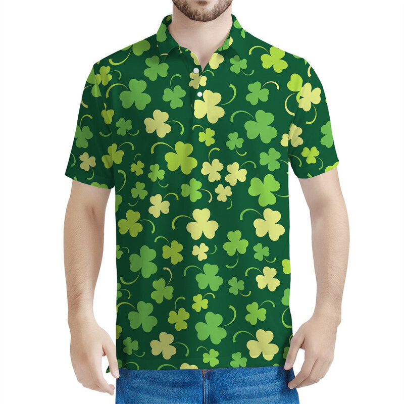 เสื้อโปโล Saint Patrick's Day เสื้อยืดพิมพ์ลาย3D โคลเวอร์สำหรับผู้ชายเสื้อเสื้อยืดหลวมฤดูร้อนเสื้อลำลองคอปกแขนสั้น