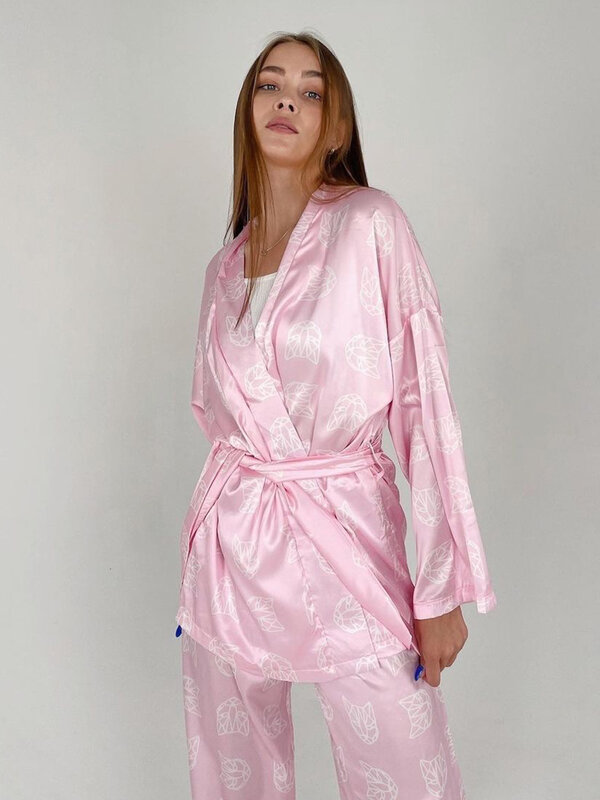 Marthaqiqi Casual Ladies Nightgowns Suit Lace Up Pajamas Long Sleeve Nightie V-Neck Nightwear Pants New Printing Nightgowns Set