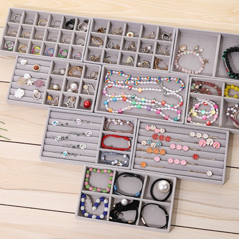 Jewelry Display Tray Gray Velvet Ornaments Storage Box Avoid Scratching Rings Earrings Necklaces Organizer Case Accessories Gift