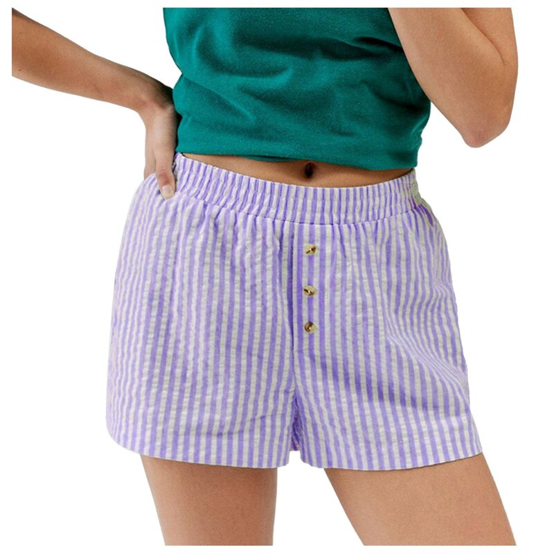 Damen Shorts niedlichen weichen Streifen Druck Knopf vorne Pyjama Hosen Boxershorts Nachtwäsche