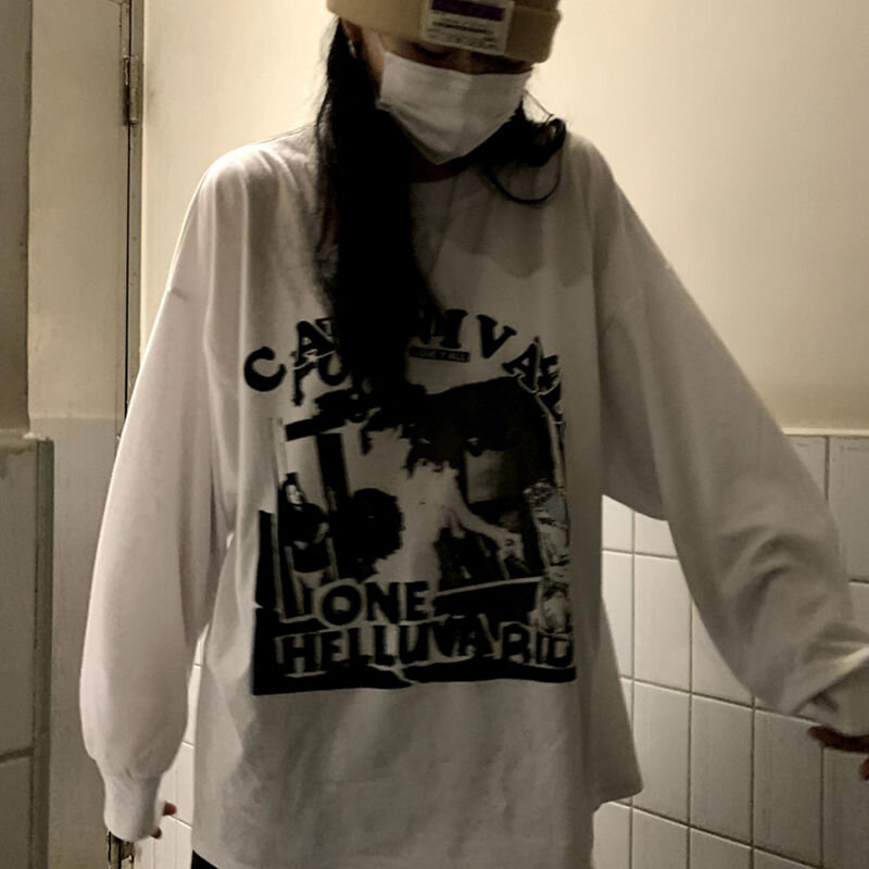 Kaos Lengan Panjang Harajuku HOUZHOU Y2k Wanita Kaus Atasan Estetika Antik Grunge Musim Gugur Kaus Dasar Gotik Pakaian Jalanan Korea