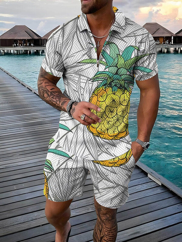 Zomer Tropisch Fruit 3d Print Heren Rits Kraag Trainingspak Trendy Poloshirt Mode Shorts 2 Stuks Sets Streetwear Set Heren