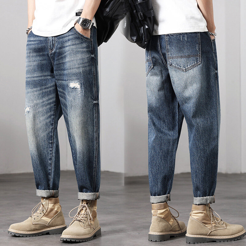 2024 nowa moda męska porwane jeansy Retro casualowa szeroka nogawka workowate dżinsy modna Hip Hop odzież uliczna Y2K jeansy męskie odzież męska