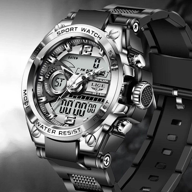 LIGE-reloj analógico con pantalla LED para hombre, accesorio de pulsera de cuarzo resistente al agua hasta 50m con calendario, complemento Masculino deportivo de marca de lujo con diseño militar y diseño Digital