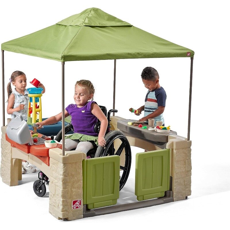 All Around Playtime Patio with Canopy, Kid Indoor and Outdoor Kitchen Playset, Sensory Playhouse, Kids Ages 2+ years old