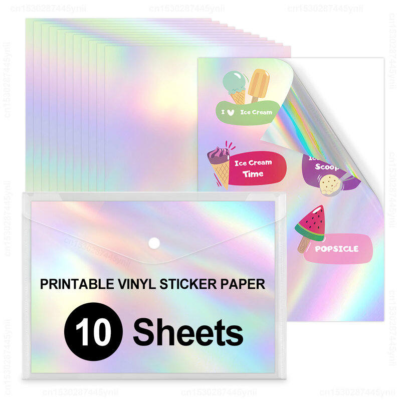 10 lembar kertas stiker vinil dapat dicetak holografik kertas salinan berperekat warna putih mengkilap transparan A4 untuk semua Printer Inkjet