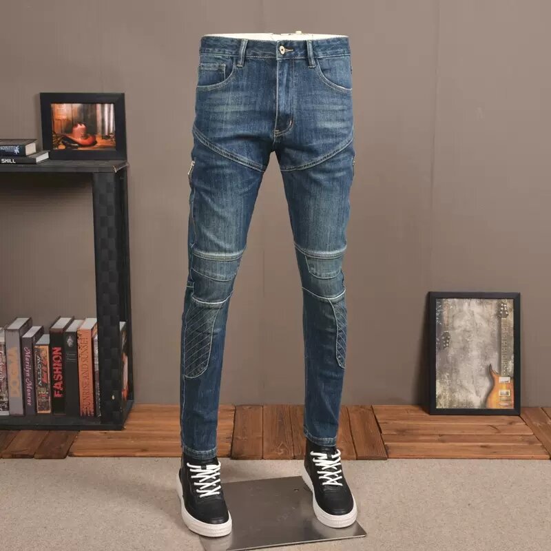 Streetwear modne dżinsy męskie niebieskie w stylu Retro rozciągliwe dopasowanie dopasowane łączone designerskie jeansy dla motocyklistów Homme spodnie w stylu Hip Hop męskie połatane spodnie
