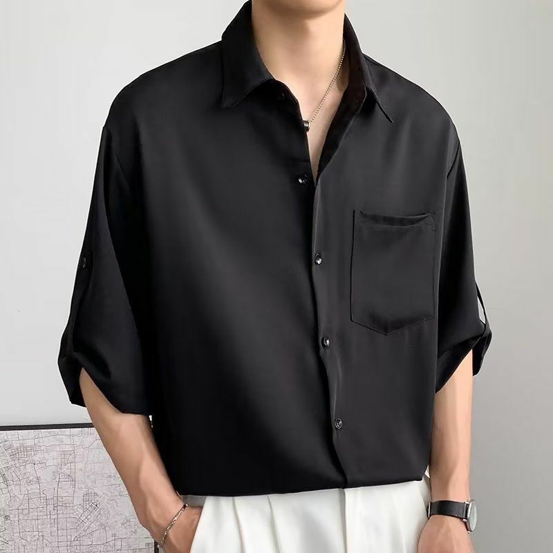 Solid Color Ice Silk Shirts for Men Short Sleeve Summer Drape Lapel Button Korean Loose Business Casual Top High-end White Shirt