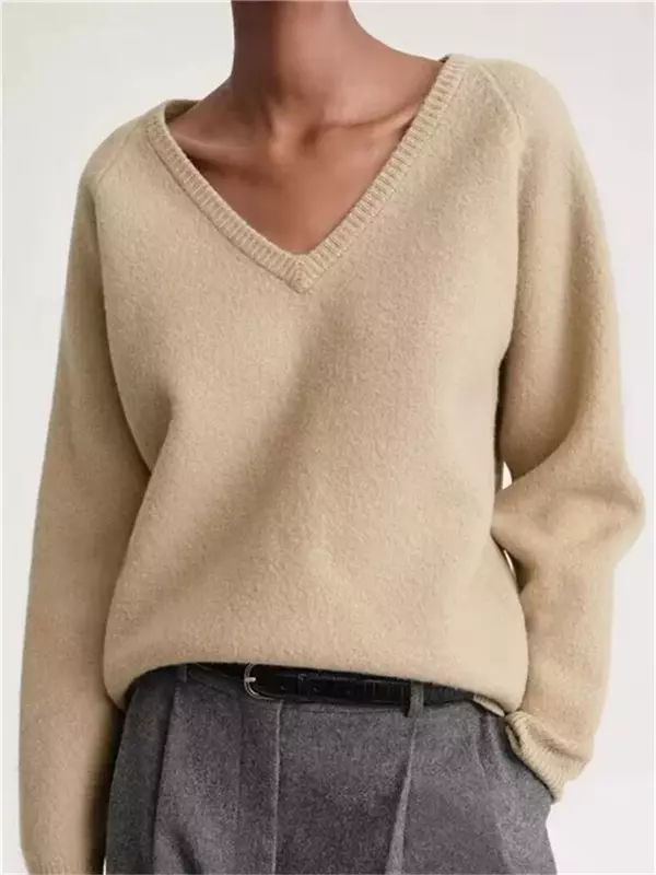 Suéter de punto de lana para mujer, jersey de Color sólido con cuello en V, suelto e informal, principios de otoño