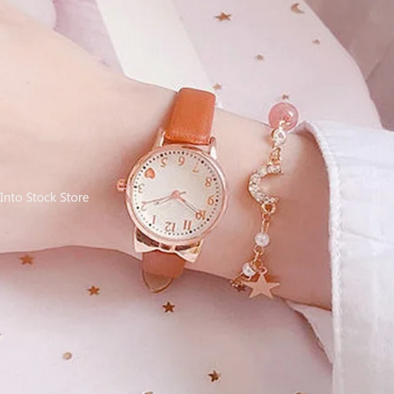 Reloj Digital de cuarzo con correa de cuero para niños y niñas, conjunto de pulsera con esfera de amor, a la moda