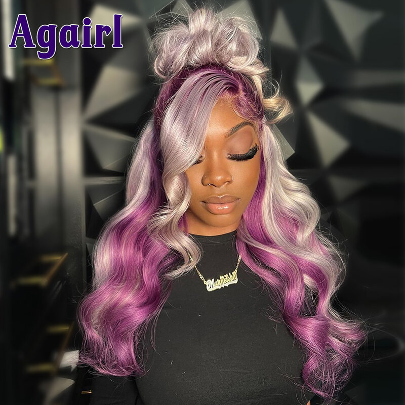 Peluca de cabello humano ondulado con encaje Frontal, accesorio de color rubio miel, 13x6 HD, púrpura mezclado, plata, 30 pulgadas, 613