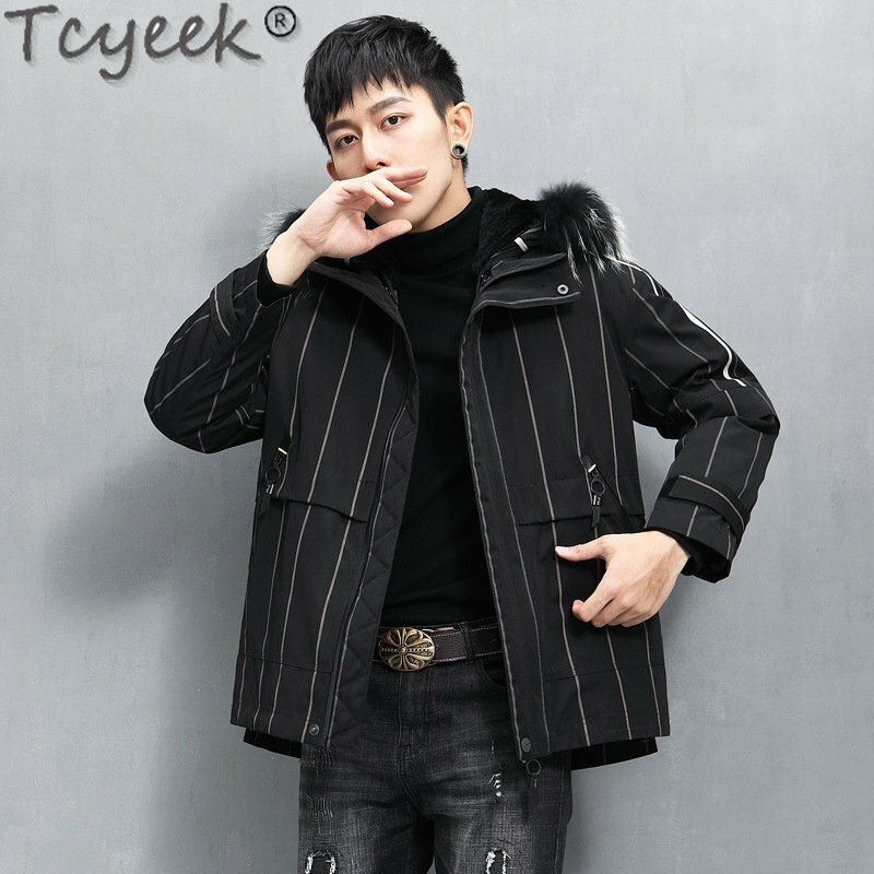 Tcyeek 2023 moda giacca corta in vera pelliccia per uomo abbigliamento inverno Parka da uomo Casual fodera in pelliccia di coniglio con cappuccio collo in pelliccia di procione