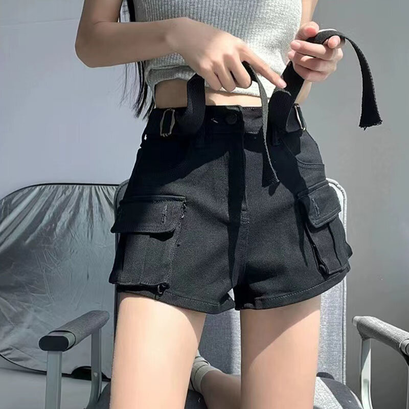 Jeansowe szorty Y2K z wysokim stanem damskie modne koreańskie duża kieszeń szorty Cargo damskie Streetwear z szerokimi nogawkami krótkie spodnie