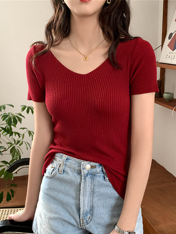 AOSSVIAO 2024 Basic V-neck Solid Thin Summer Pullover Women Female Knitted Ribbed Sweater Slim Short Sleeve Bodycon Sweater
