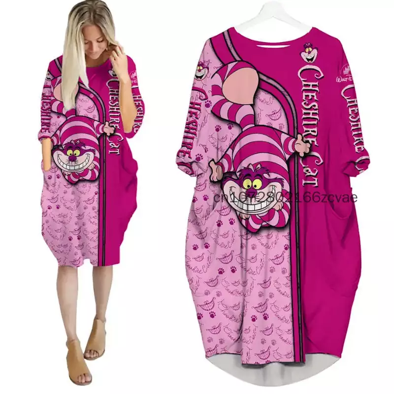 Pink Chesire Cat Oversize Long Sleeves Dress Disney Cartoon Batwing Pocket Dress Women's Fashion Versatile Loose Party Dress