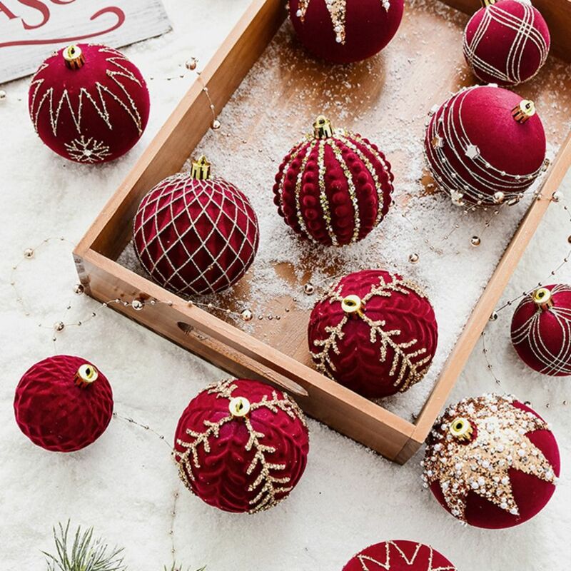 Bolas de Navidad de flocado rojo vino, 4 piezas, 6/8cm, brillantes, varias combinaciones de estilos, decoración de árbol de Navidad con lentejuelas