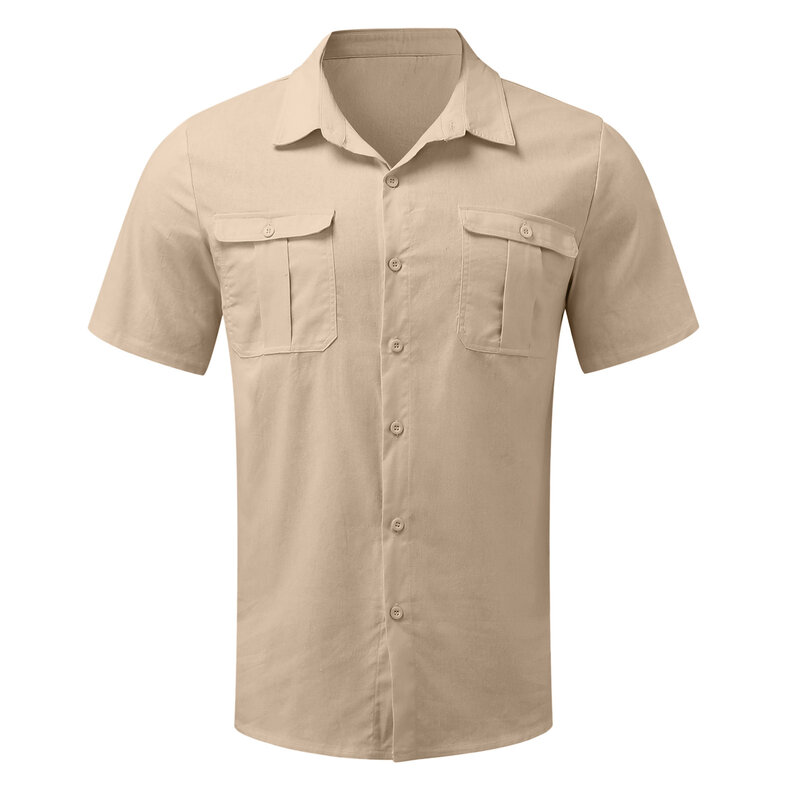 Camisas de manga corta de algodón y lino para hombre, camisa informal de Color sólido con cuello vuelto, camisas transpirables para verano