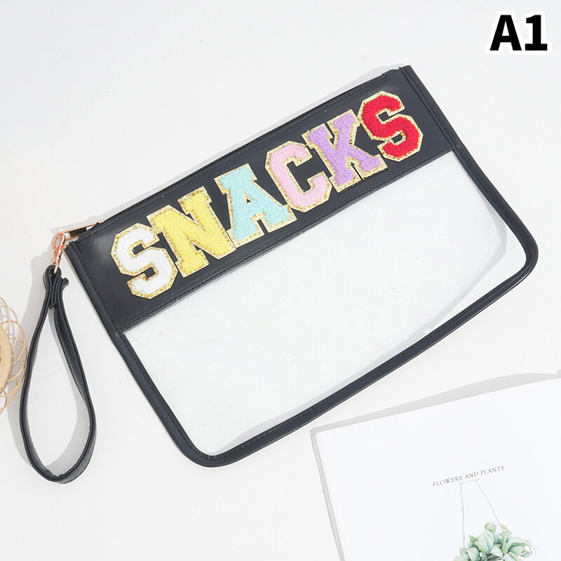 Chenille Letter Clear Zipper Pouch, Bolsa de cosméticos impermeável, Snack Bags, Nylon Travel Gym Beach Bag, Multiuso